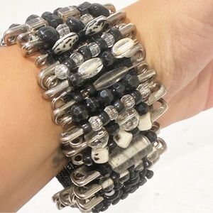 Vintage Black Safety Pink Beaded Stretch Bracelet Goth